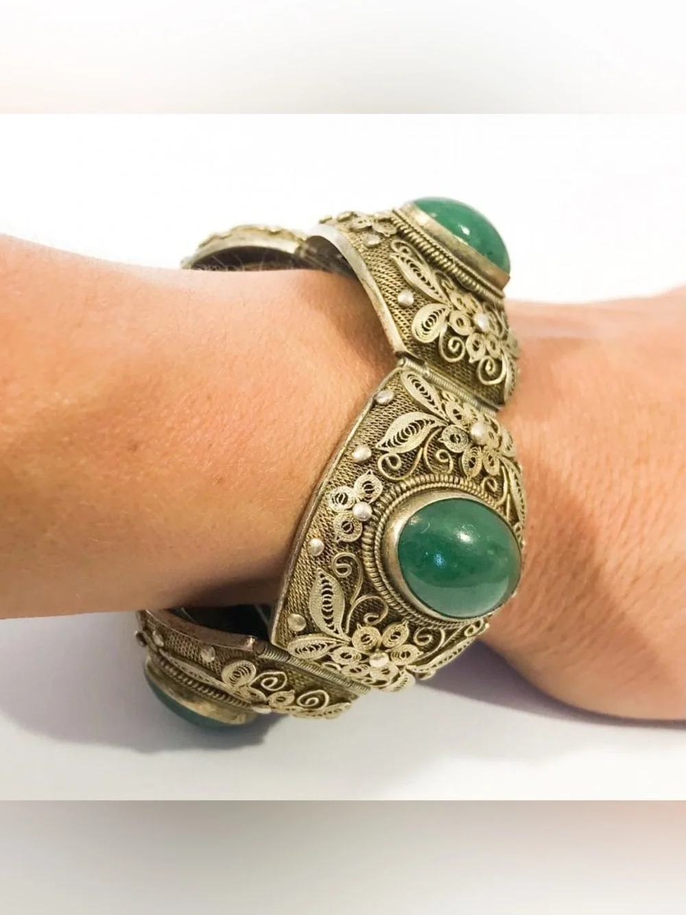 Vintage Chinese Silver Gilt Filigree Cuff Bracelet with Green Stone